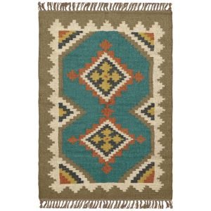 Indian Hand Woven Turquoise Wool jute Kilim Area Rug