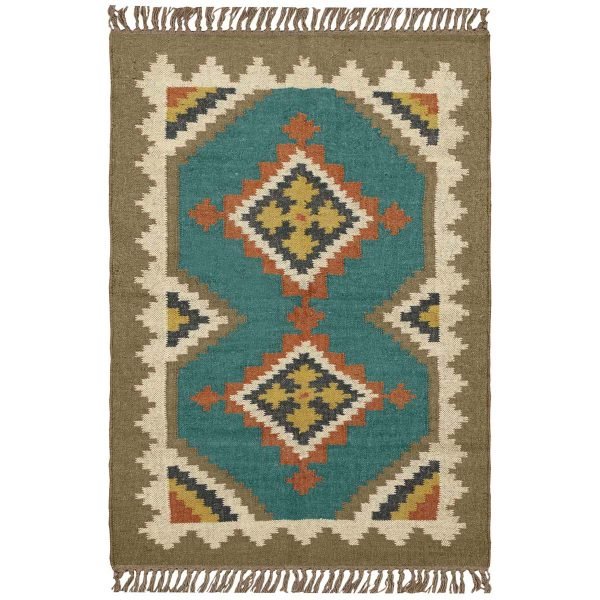 Indian Hand Woven Turquoise Wool jute Kilim Area Rug