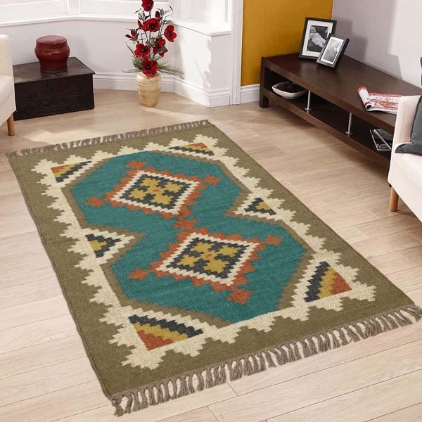 Indian Hand Woven Turquoise Wool jute Kilim Area Rug - Image 2