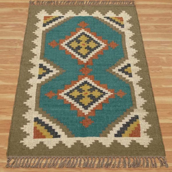 Indian Hand Woven Turquoise Wool jute Kilim Area Rug - Image 3
