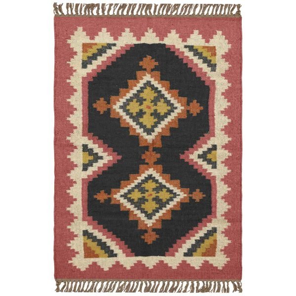 Hand Woven Black Pink Wool Jute Kilim Rug