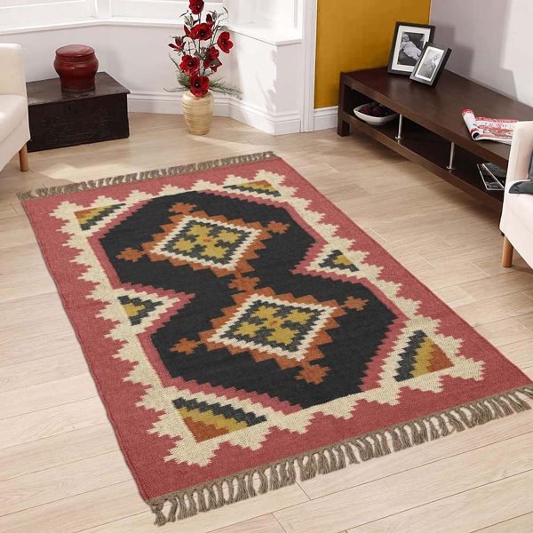 Hand Woven Black Pink Wool Jute Kilim Rug - Image 2