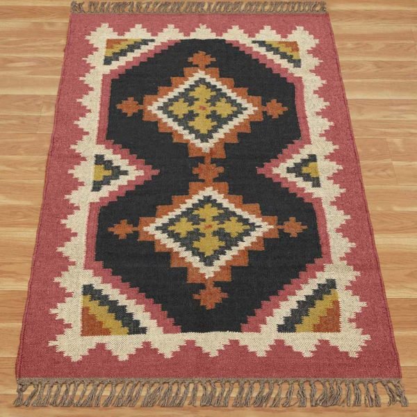 Hand Woven Black Pink Wool Jute Kilim Rug - Image 3
