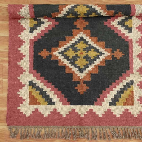 Hand Woven Black Pink Wool Jute Kilim Rug - Image 4