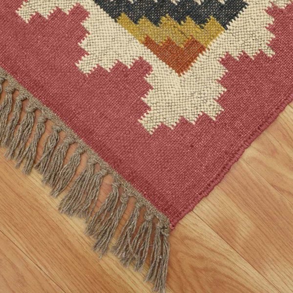 Hand Woven Black Pink Wool Jute Kilim Rug - Image 6