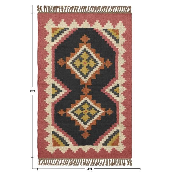Hand Woven Black Pink Wool Jute Kilim Rug - Image 8