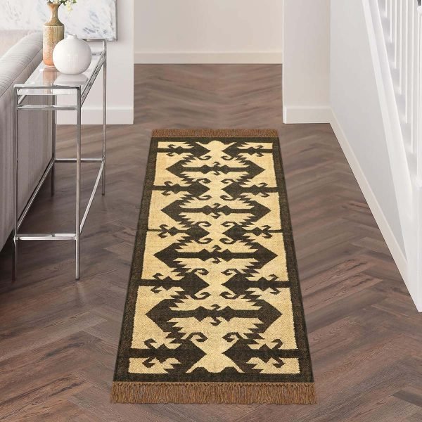 Modern Wool Jute Black Kilim Handwoven Rug - Image 2