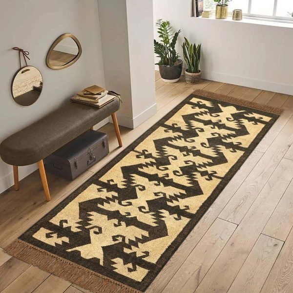 Modern Wool Jute Black Kilim Handwoven Rug - Image 3