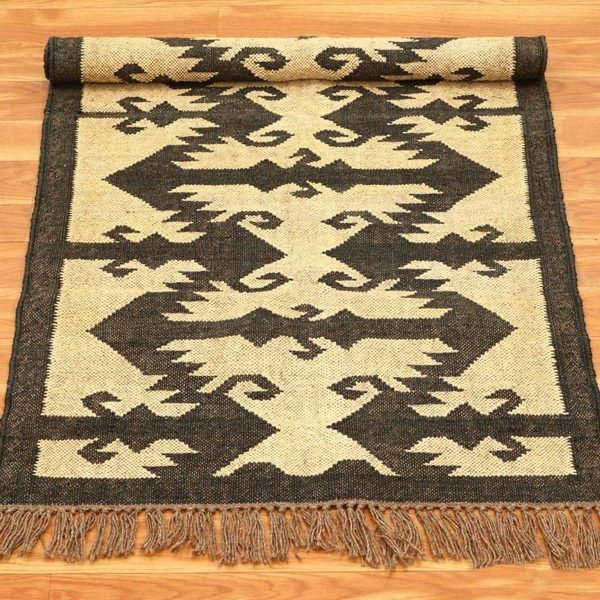 Modern Wool Jute Black Kilim Handwoven Rug - Image 4