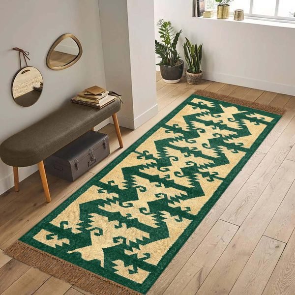 Wool Green Kilim Handwoven Runner Area Rug - Image 3