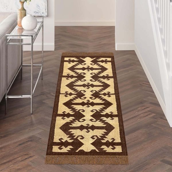 Handwoven Wool Jute Brown Kilim Runner Outdoor Area Rug - Image 2