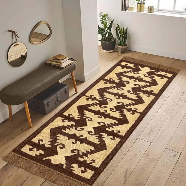 Handwoven Wool Jute Brown Kilim Runner Outdoor Area Rug - Image 3
