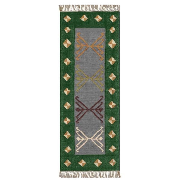 Indian Hand Woven Jute Kilim Runner Green Rug