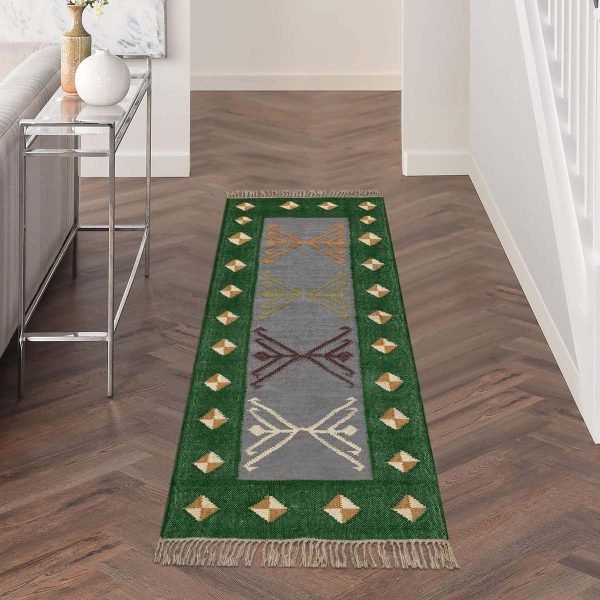 Indian Hand Woven Jute Kilim Runner Green Rug - Image 2