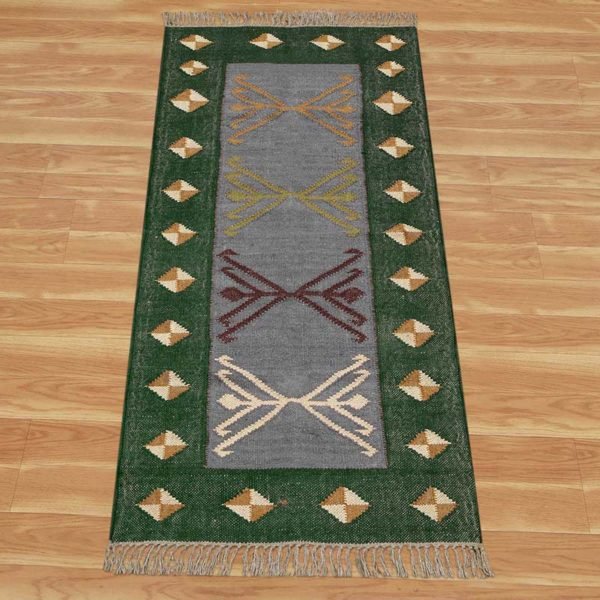 Indian Hand Woven Jute Kilim Runner Green Rug - Image 3