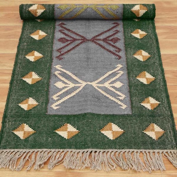 Indian Hand Woven Jute Kilim Runner Green Rug - Image 4