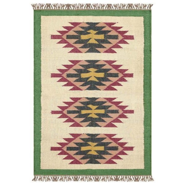 Green Bordered Hand Woven Wool Jute Area Rug