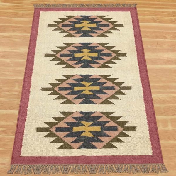 Hand Woven Wool Jute Kilim Maroon Bordered Rug - Image 3