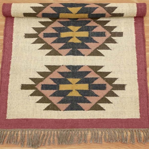 Hand Woven Wool Jute Kilim Maroon Bordered Rug - Image 4