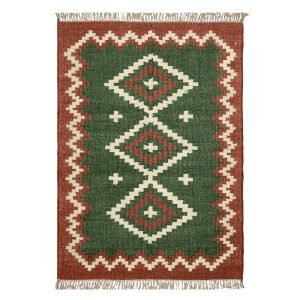 Geometric Wool Jute Kilim Handwoven Green Rug