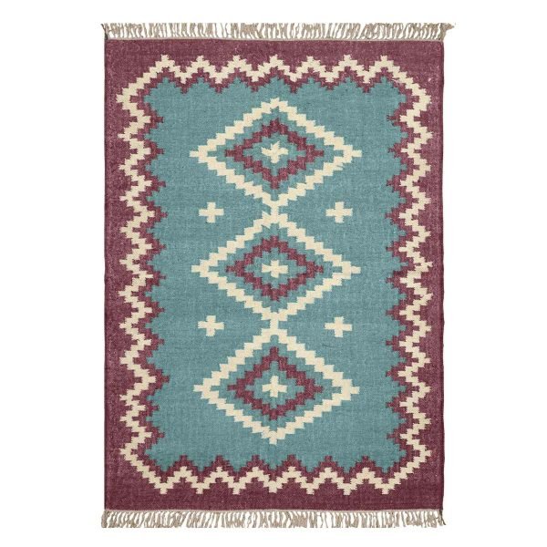 Geometric Jute Wool Kilim Woven Blue Rug