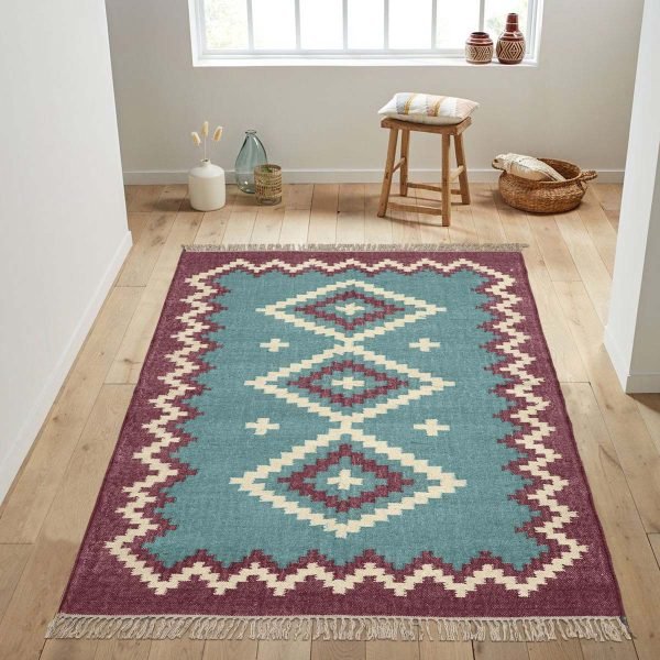 Geometric Jute Wool Kilim Woven Blue Rug - Image 2
