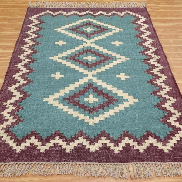 Geometric Jute Wool Kilim Woven Blue Rug - Image 3