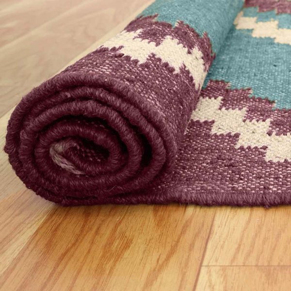 Geometric Jute Wool Kilim Woven Blue Rug - Image 4