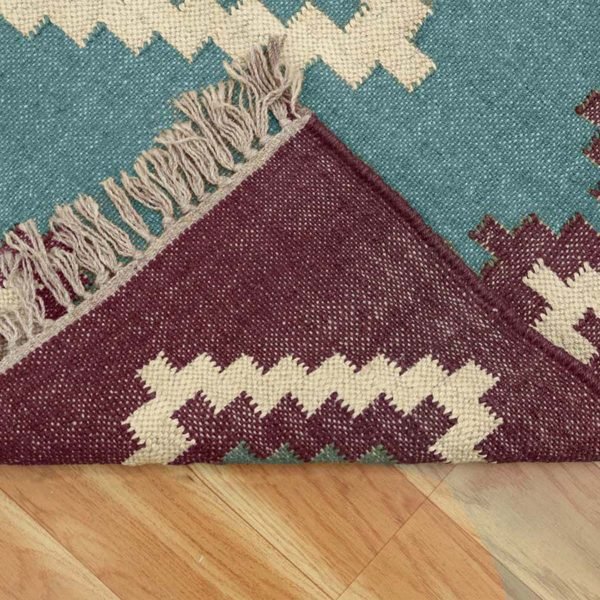 Geometric Jute Wool Kilim Woven Blue Rug - Image 5