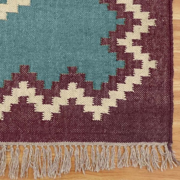 Geometric Jute Wool Kilim Woven Blue Rug - Image 6