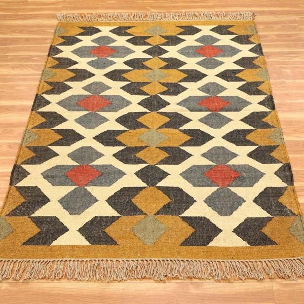 Hand Woven Wool Jute Kilim Geometric Area Rug - Image 3