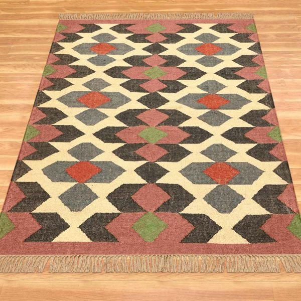 Handwoven Wool Jute Kilim Geometric Rug - Image 3
