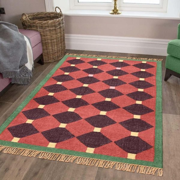 Red Geometric Wool Jute Hand woven Area Rug - Image 2
