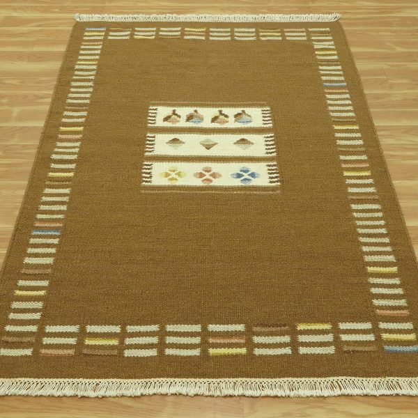 Indian Hand Woven Bronze Wool Tribal Area Dhurrie - Image 3