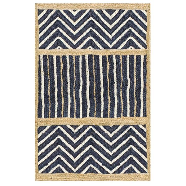 Handmade Blue Beige Geometric Jute Rug