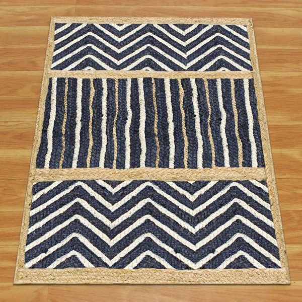 Handmade Blue Beige Geometric Jute Rug - Image 3