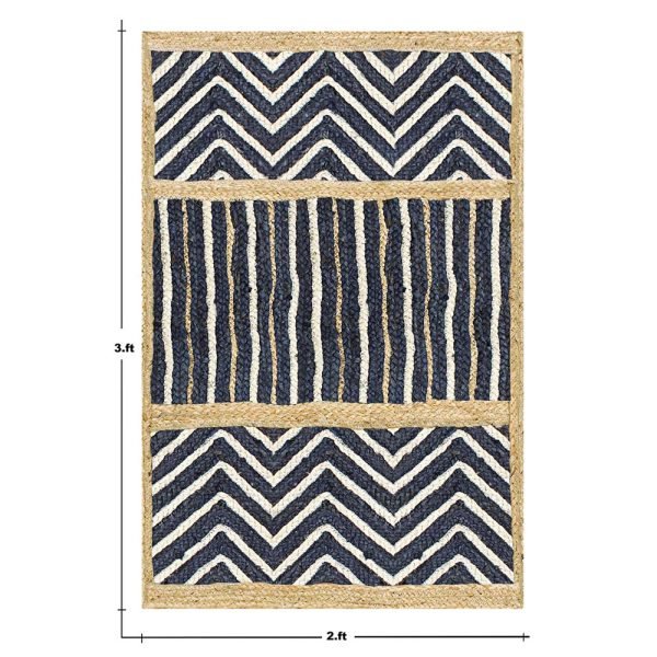 Handmade Blue Beige Geometric Jute Rug - Image 5