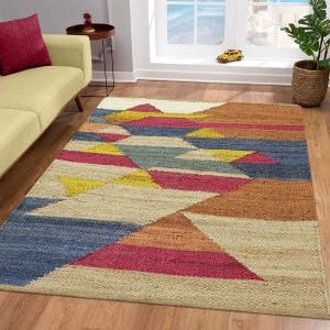 Handwoven Geometric Beige Multicolor Jute Rug