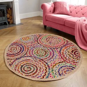 Cotton Jute Handmade Multicolor Round Area Rug