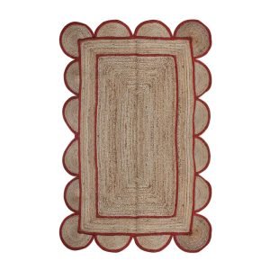 Hand Braided Scalloped Red Beige Jute Area Rug