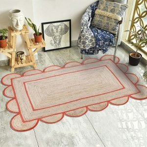 Scalloped Orange Beige Jute Hand Braided Rug