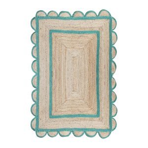 Scalloped Green Beige Jute Hand Braided Rug