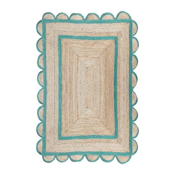 Scalloped Green Beige Jute Hand Braided Rug