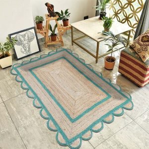 Scalloped Green Beige Jute Hand Braided Rug