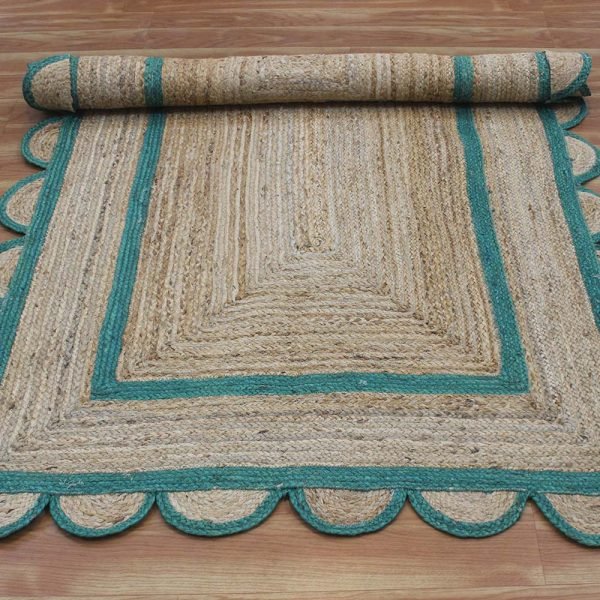 Scalloped Green Beige Jute Hand Braided Rug - Image 5