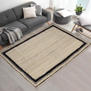 Bordered Black Beige Jute Hand Braided Rug