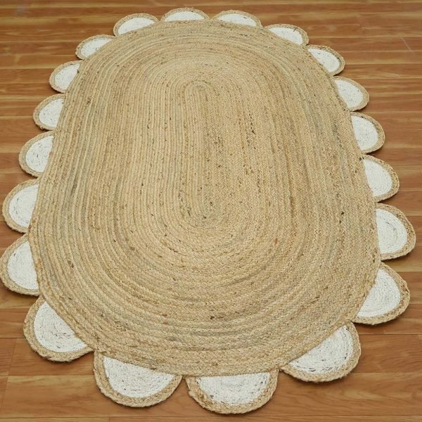Handmade Scalloped Beige White Oval Area Rugs - Image 3