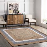 Geometric Bordered Beige White Jute Area Rug