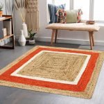 Hand Braided Bordered Beige Orange Jute Rug