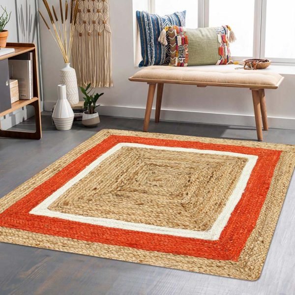 Hand Braided Bordered Beige Orange Jute Rug - Image 2